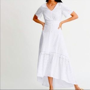 Ann Taylor white cotton short sleeve eyelet asymmetrical maxi dress